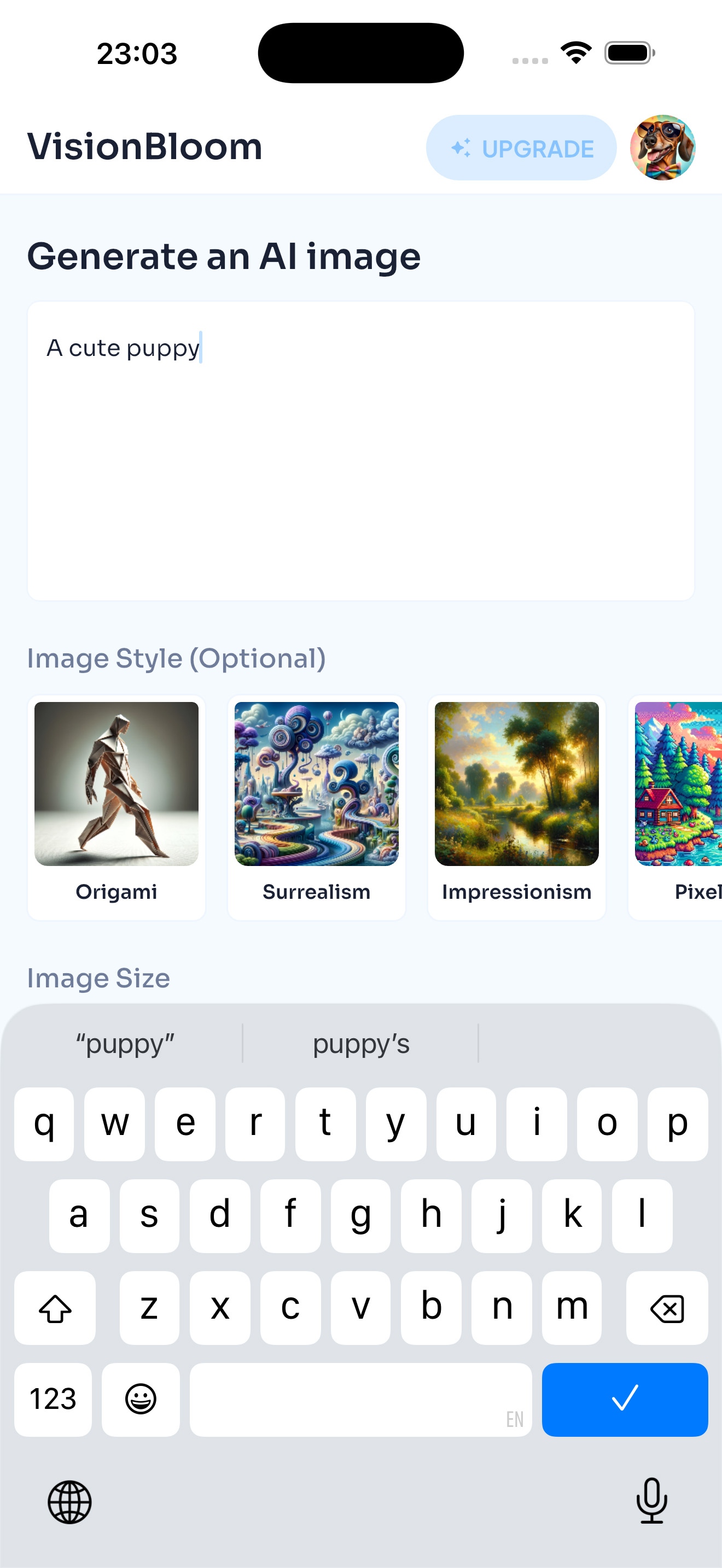 VisionBloom prompt and style selection interface